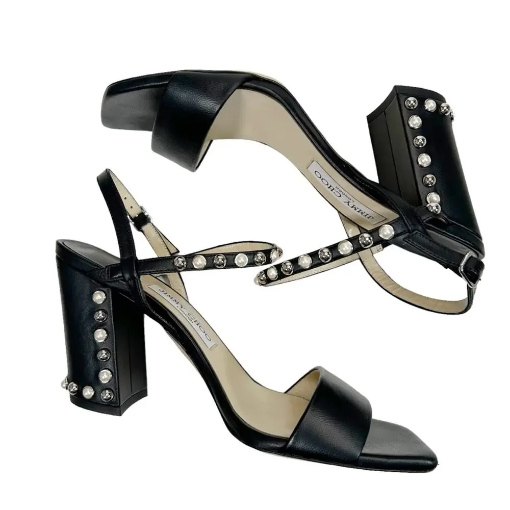 JIMMY CHOO Aadra 85 Nappa Leather Pearl Studded Sandals